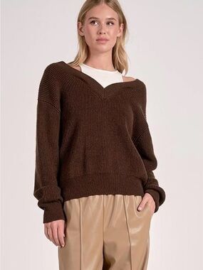 Elan Chocolate Brown V-Neck Ribbed Sweater